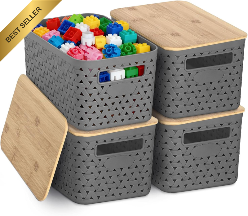4 PCS Plastic Storage Baskets with Bamboo Lids, Stackable Storage Boxes, Small W