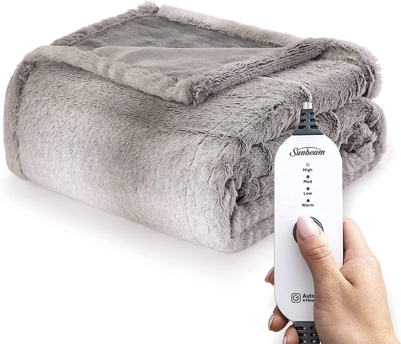 Sunbeam Royal Faux Fur White Grey Heated Personal Throw / Blanket, Cozy-Warm, Ad