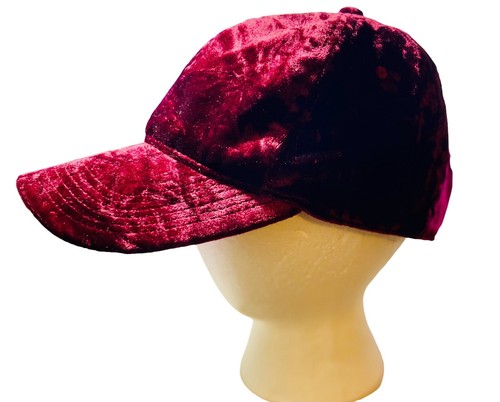 CRUSHED VELVET MAROON BASEBALL CAP, ADJUSTABLE BRASS BUCKLE