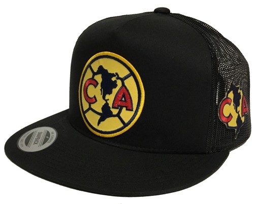 CLUB AGUILAS DEL AMERICA  2 LOGOS GOLD PATCH HAT BLACK MESH TRUCKER SNAPBACK