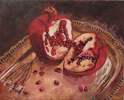 Pomegranate Painting Original Still Life, Fruits, Acrylic Canvas Panel 8x10 In