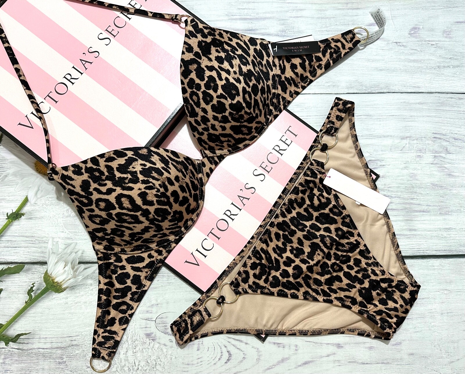 

Victorias Secret Rings Wireless Push-Up Swim бикини с леопардовым принтом, Leopard