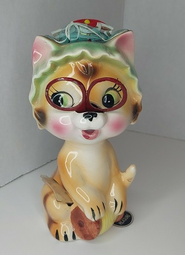 手作額付き銅版画　title「Acoustic Kitty」 Vintage Arnart Japan Ceramic Kitty Cat Pin Sewing Kit
