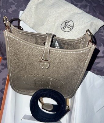 NEW AUTHENTIC HERMES Etoupe Clemence Mini Evelyne 16 TPM Gold Hardware with box