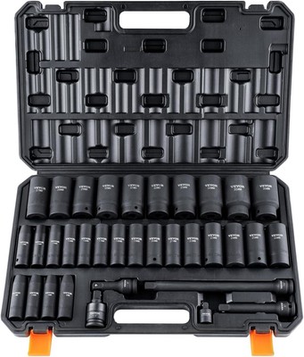 Impact Sockets Set 34pcs 6 Point 1/2in Drive Bit Ratchet Tool Kit Case