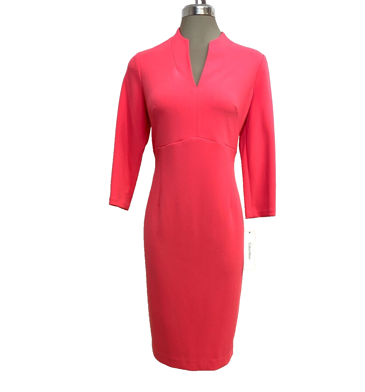 Размер 6 Элегантное платье-футляр из розового крепа Calvin Klein Миди с рукавом 3/4 в виде бутона розы