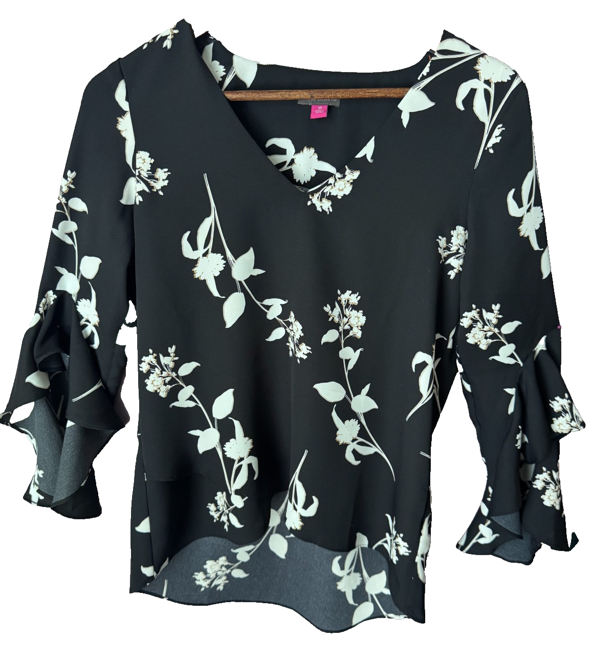 Vince Camuto Black Floral Ruffle Sl Top Boho Y2K Whimsigoth Xs Witchy