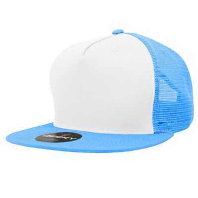 5 Panel Flat Bill Trucker Cap - Sky Blue & White Snapback (Decky 1040-WHT_SKY)