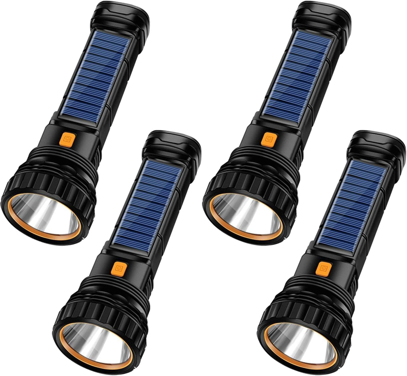 4Pcs Solar/Rechargeable Multi Function 1000 Lumens LED Flashlight, with Emergency Strobe Light and 1200 Mah Battery, Emergency Power Supply and USB Charging Cable, Fast Charging (4PC)