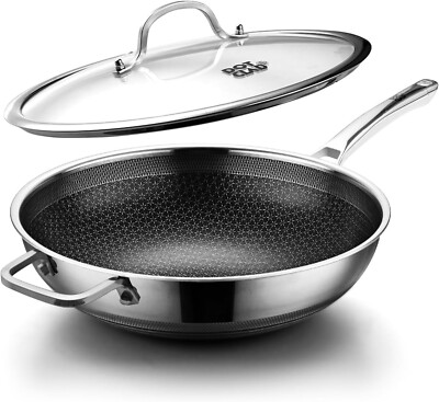 Wok pan,Hybrid 12 inch Wok with Lid, PFOA Cookware,non stick Stainless Steel Wok
