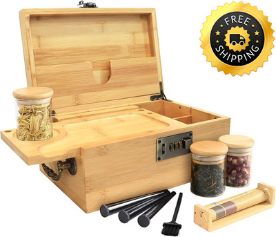 Large Storage Stash Bamboo Box Set with Combination Lock, Decorative Box Tray
