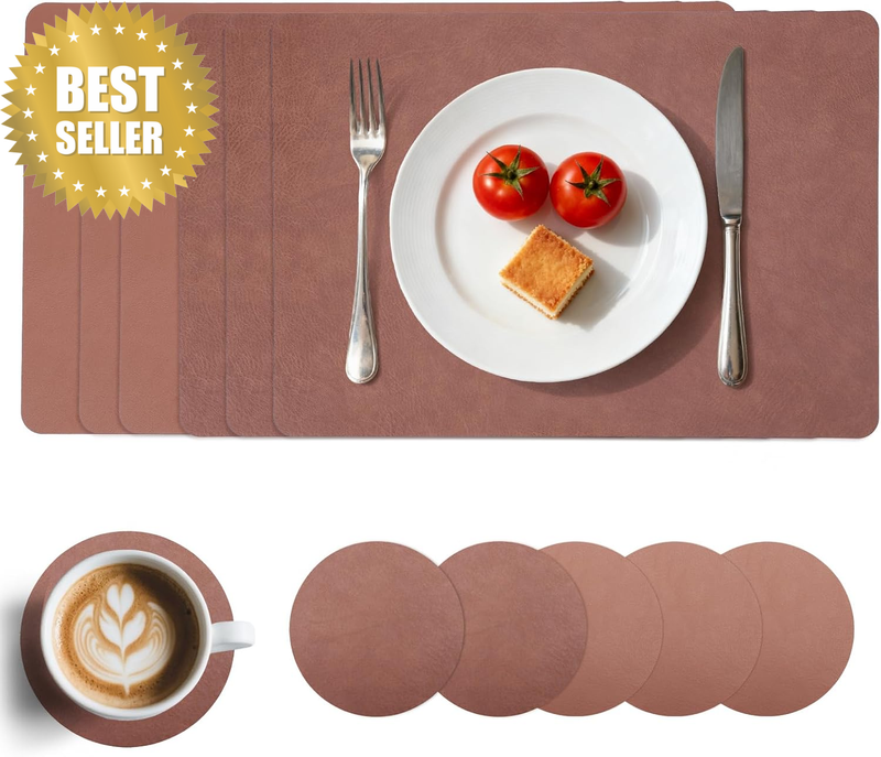 Placemats and Coasters Set of 6, Faux Leather Table Mats, Non-Slip, Heat Resista