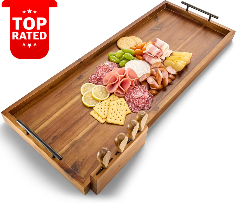 30 Inch Large Acacia Wood Charcuterie Board Serving Tray Cheese Knife Set 4 pcs