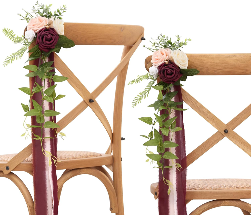 Wedding Chair Decorations Burgundy Pew Flowers Set of 10 for Wedding Ceremony Party Aisle Decor with Artificial Flowers Eucalyptus and Ribbons