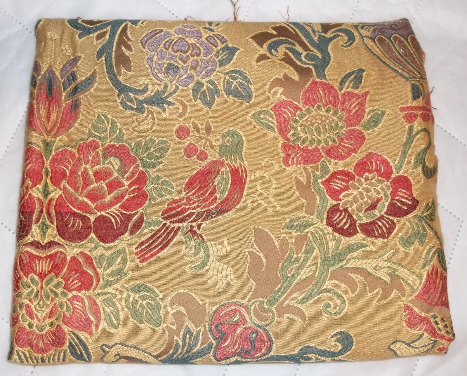 1 1/2 Yards Antique Style Drapery / Upholstery Fabric - Gold Floral Print, Bird