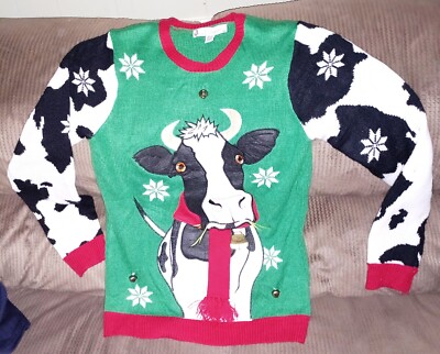 Jolly Sweaters Cow Bells Christmas Shirt Moo Ugly Noise Women Medium Holiday Gre