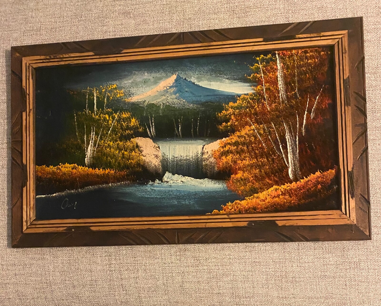 【国内配送】 Velvet 1970s Vtg Painting Waterfall Mountain Chuy Signed 絵画