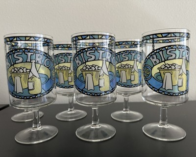 Set of 6 Cora Bistro glasses 16 oz vintage footed barware stained glass motif