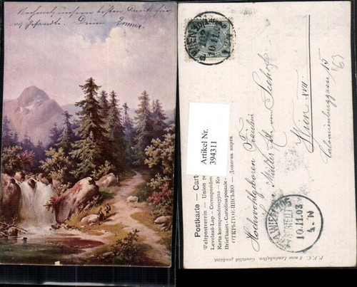 394311,Künstler AK Landschaft Wasserfall Bergkulisse img