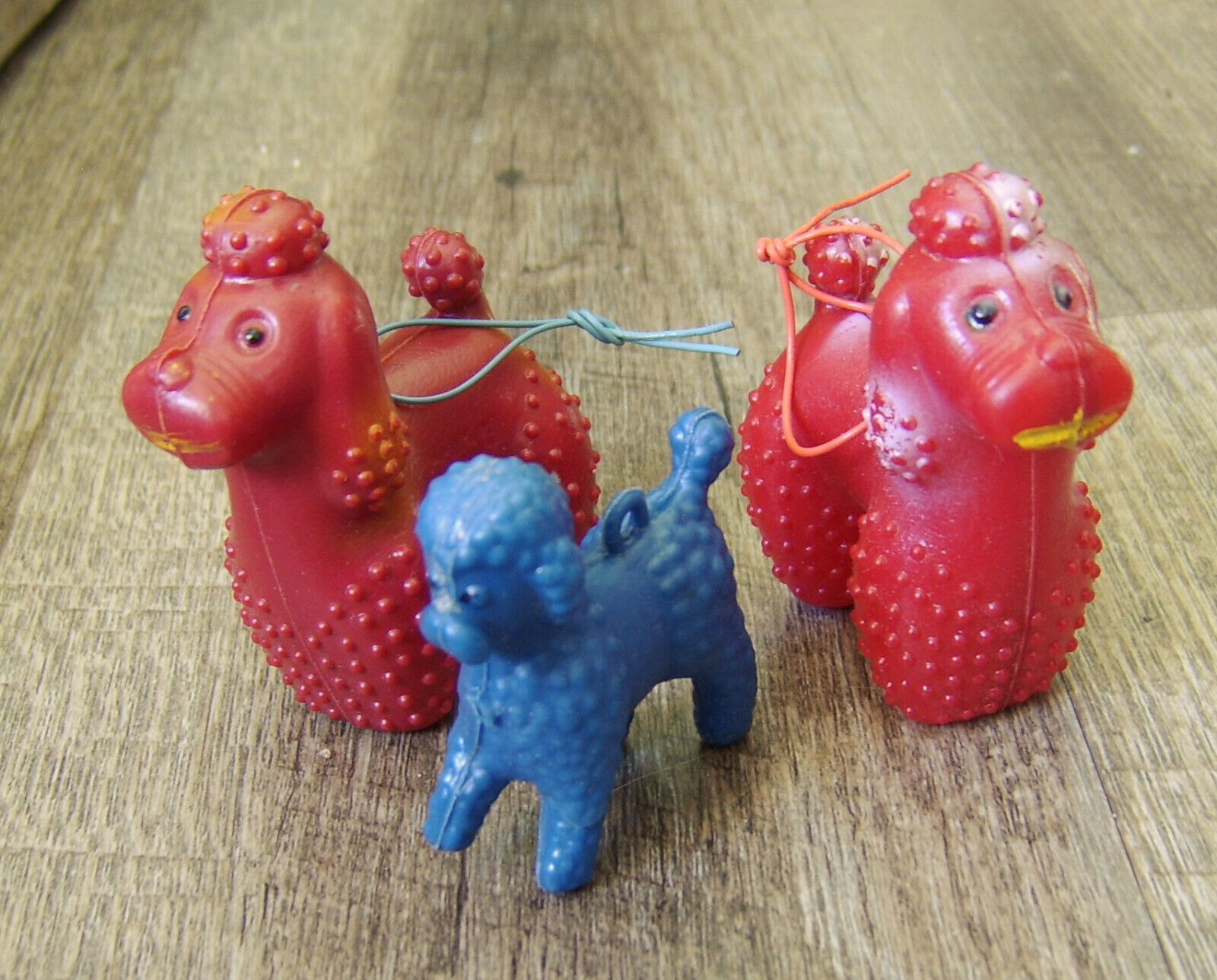 Three Small Vintage 1960s Hollow Plastic Poodle Toys, Hong Kong Three Small Vintage 1960s Hollow Plastic Poodle Toys, Hong Kong