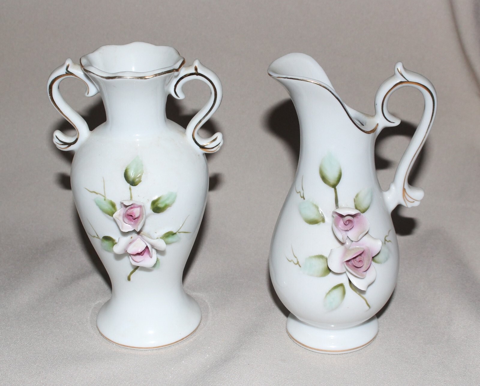 Vintage Dresden Pottery Vase Pitcher Raised Pink Roses 6