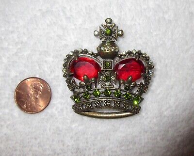 Mazer Queen Crown Brooch Vintage 1949 Red Faceted Glass Clear Crystal --Superb!