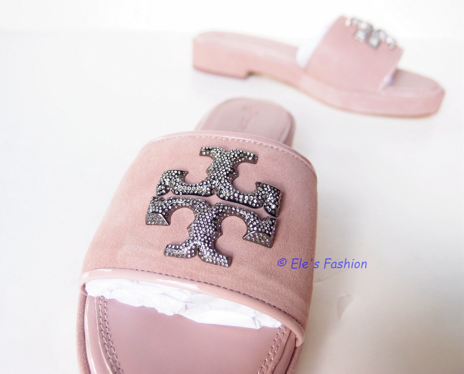 Pre-owned Tory Burch Eleanor Crystal Embellished Leather Slide Sandal Pink 9 Authentc