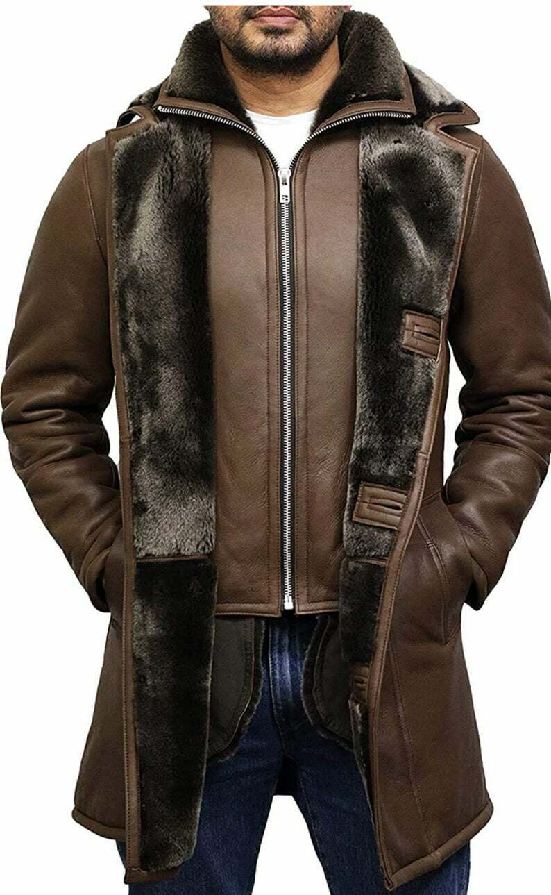 Pre-owned Fashion Men's Real Leather Parka Genuine Sheepskin Fleece Overcoat Trench Coat Overcoat In Brown