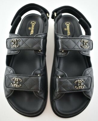 Pre-owned Chanel Rev Black Caviar Gold Cc Logo Mule Slide Strap Flat Teva Dad Sandal 38.5