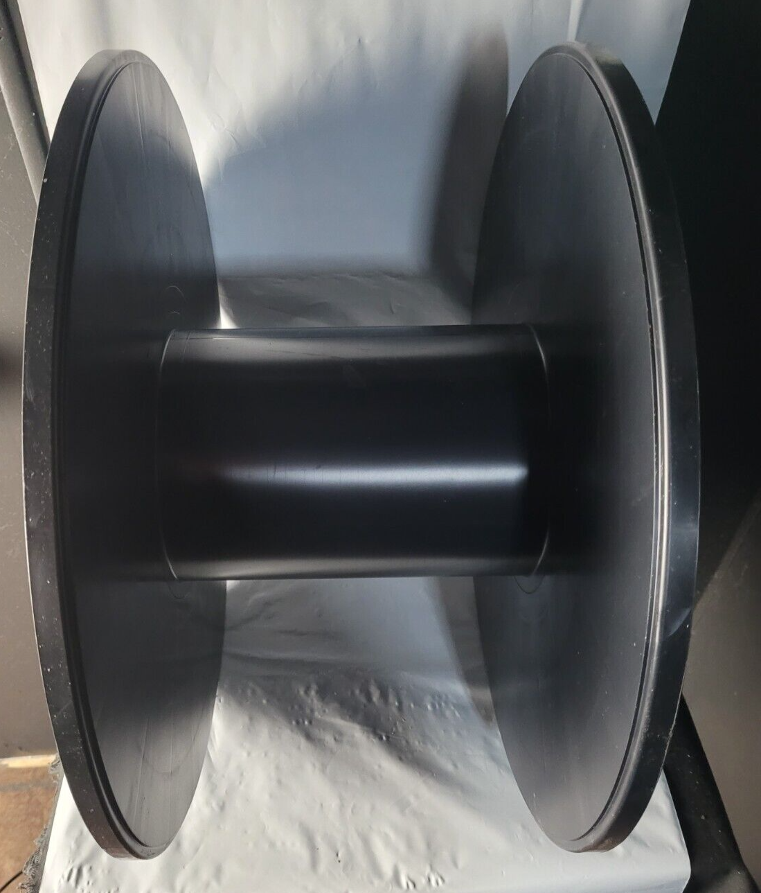 EMPTY LARGE BLACK PLASTIC SPOOL  19 1/2"x10"  FOR WIRE ROPE CABLE