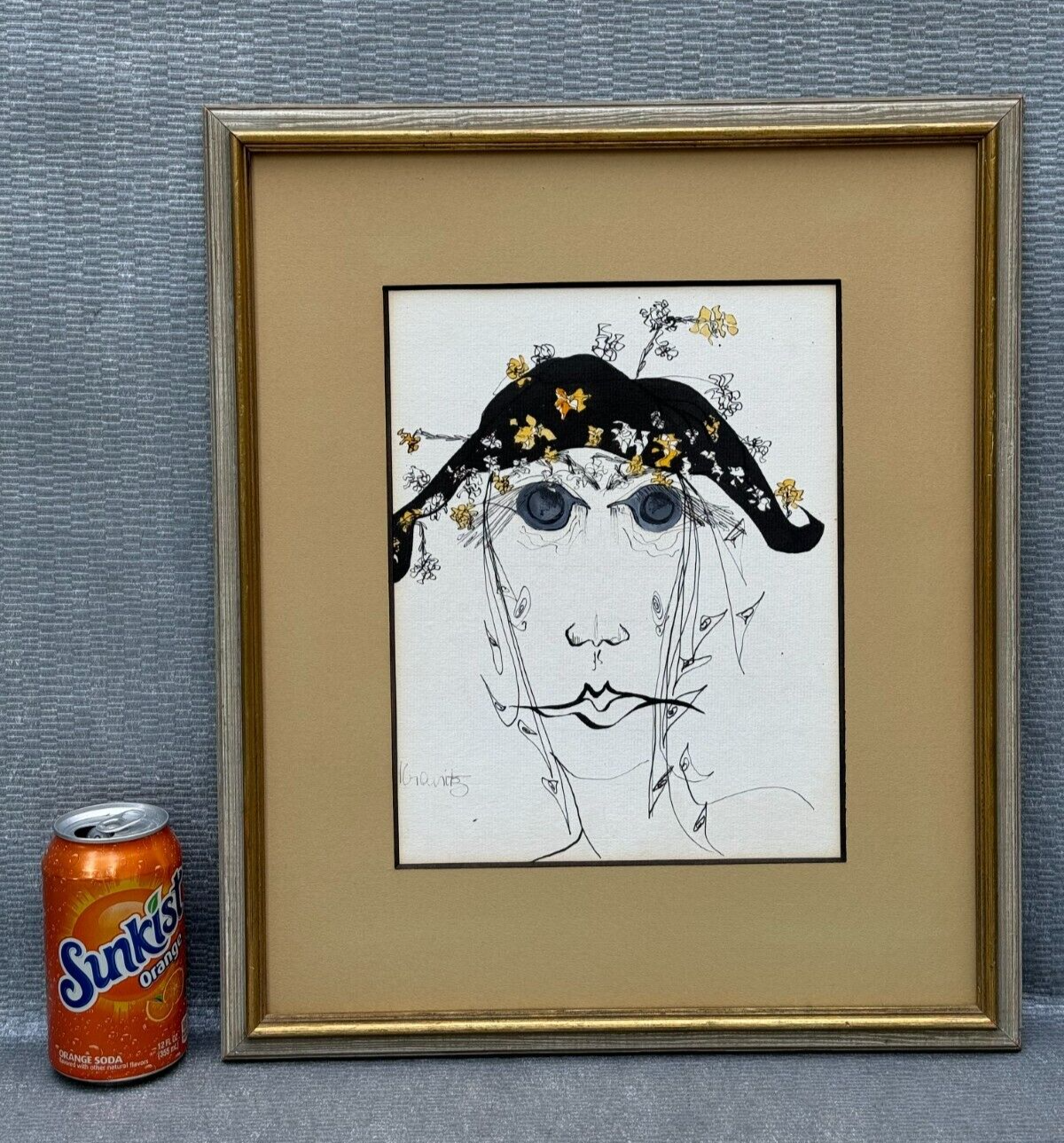 Kravitz Signed Surreal Woman in Floral Hat Abstract Face Painting Sketch Drawing