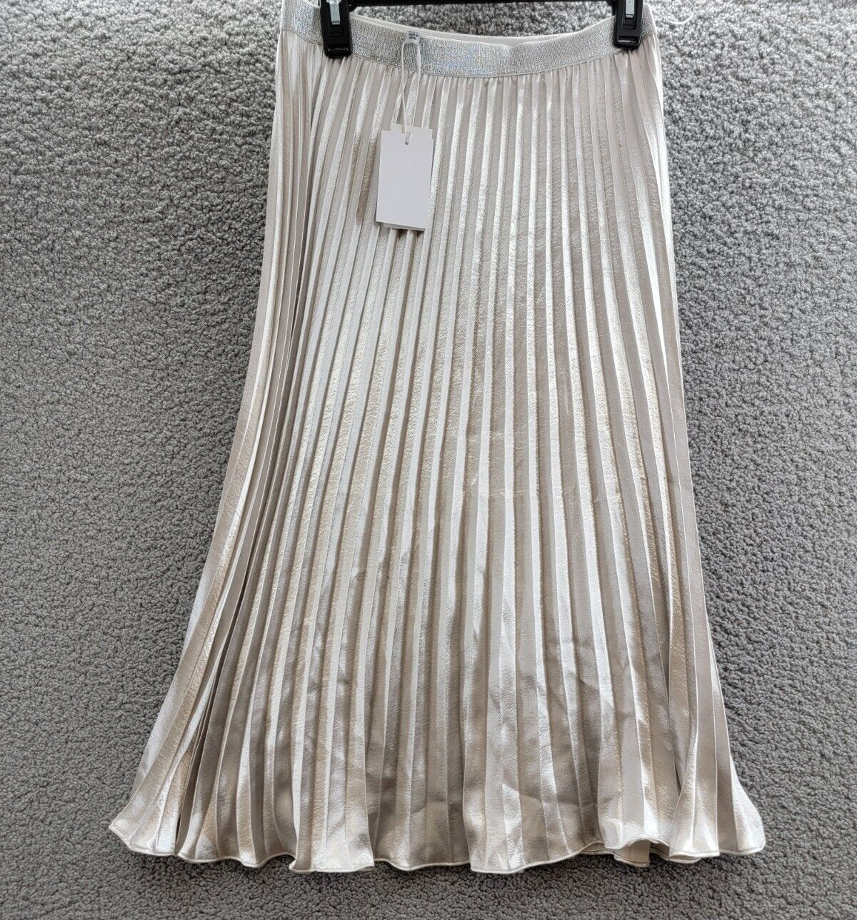 Lucy Paris Rose Metallic Pleated Midi Skirt Women's Medium Pewter Elastic Waist - Picture 2 of 15