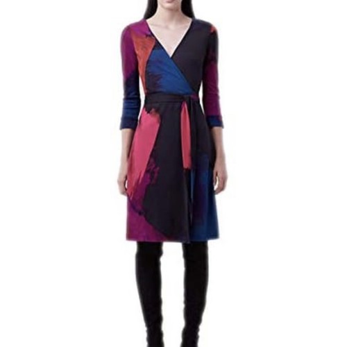 Pre-owned Diane Von Furstenberg Dvf Julian Wrap Dress Silk Jersey 3/4 Sleeve Print Multi Size 10 Sheath