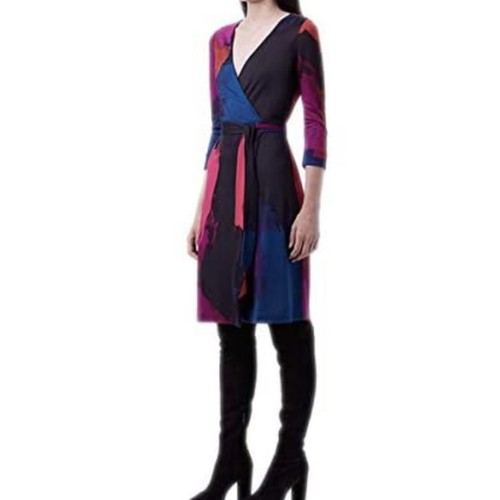 Pre-owned Diane Von Furstenberg Dvf Julian Wrap Dress Silk Jersey 3/4 Sleeve Print Multi Size 10 Sheath
