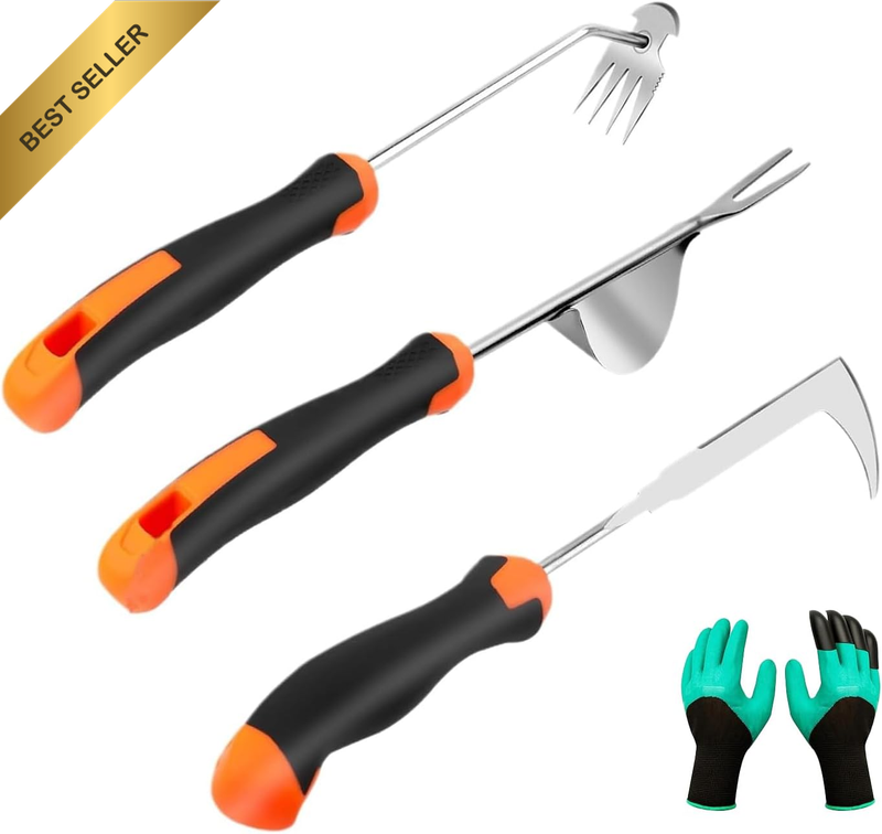 4Pcs Weed Puller Tool Set with Garden Gloves, Includes 4-Tine Weed Digger, V-Sha