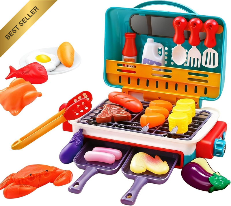 Kids BBQ Grill Toys Set,Kitchen Playset with Spray Sound & Color,Changing,Grill
