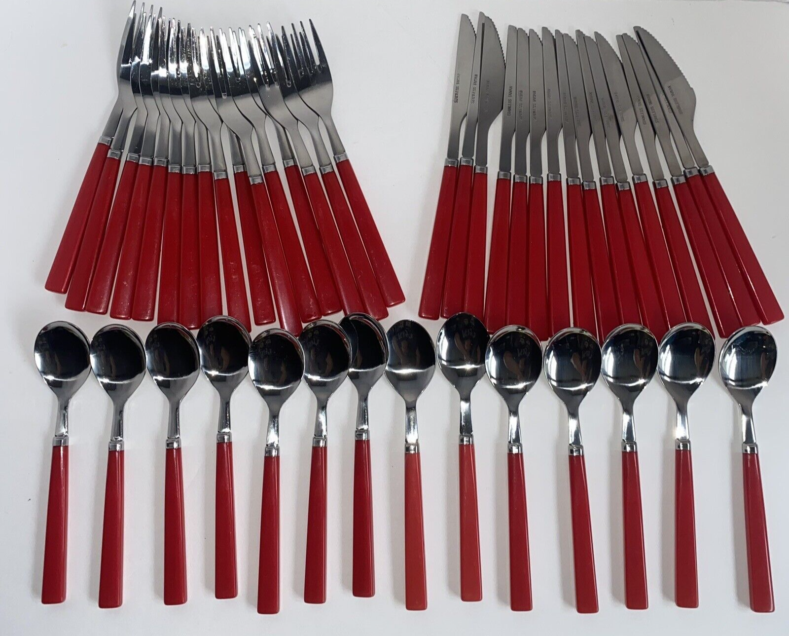Red Handle Fork Knife Spoon Mcm Set Of 46