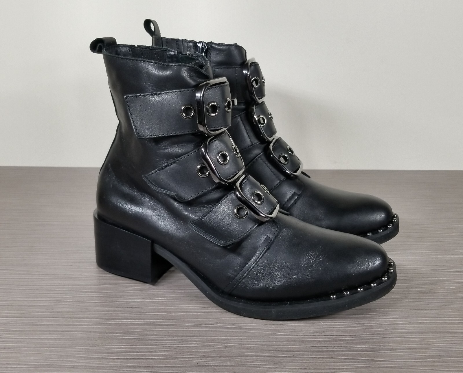 Jeffrey Campbell Todd Buckle Strap Bootie, Black Leather, Womens Size 6 M