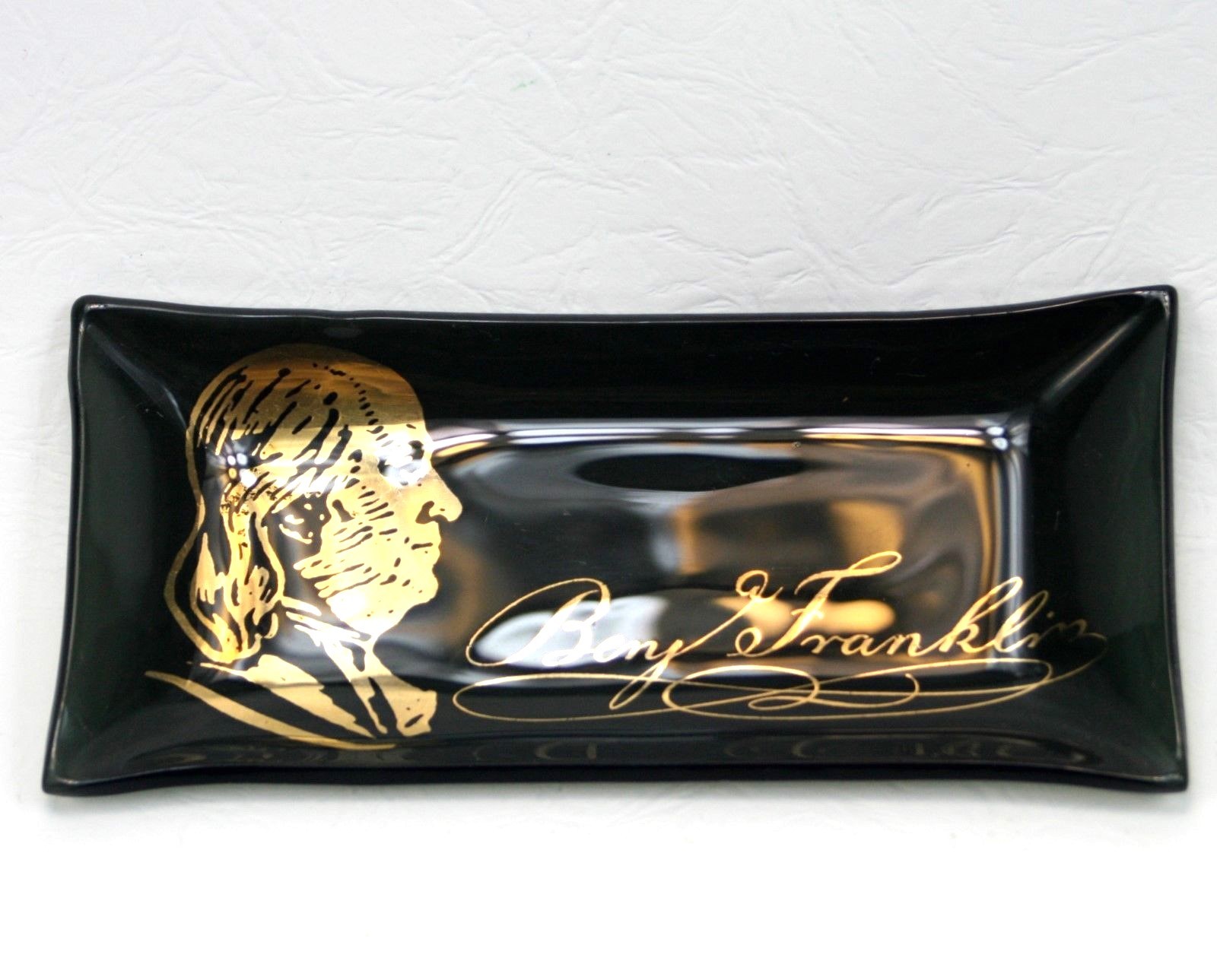 Benjamin Ben Franklin Money Tray Ashtray Smoky Glass Gold Trim Glass Tray