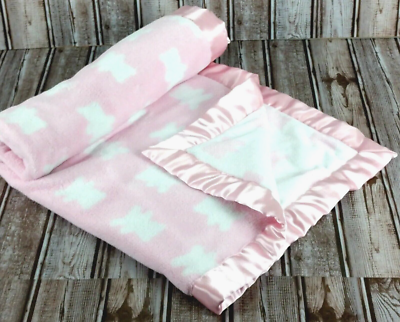 Absorba Baby Blanket Pink White Teddy Bear Satin Trim Reversible Fleece Security