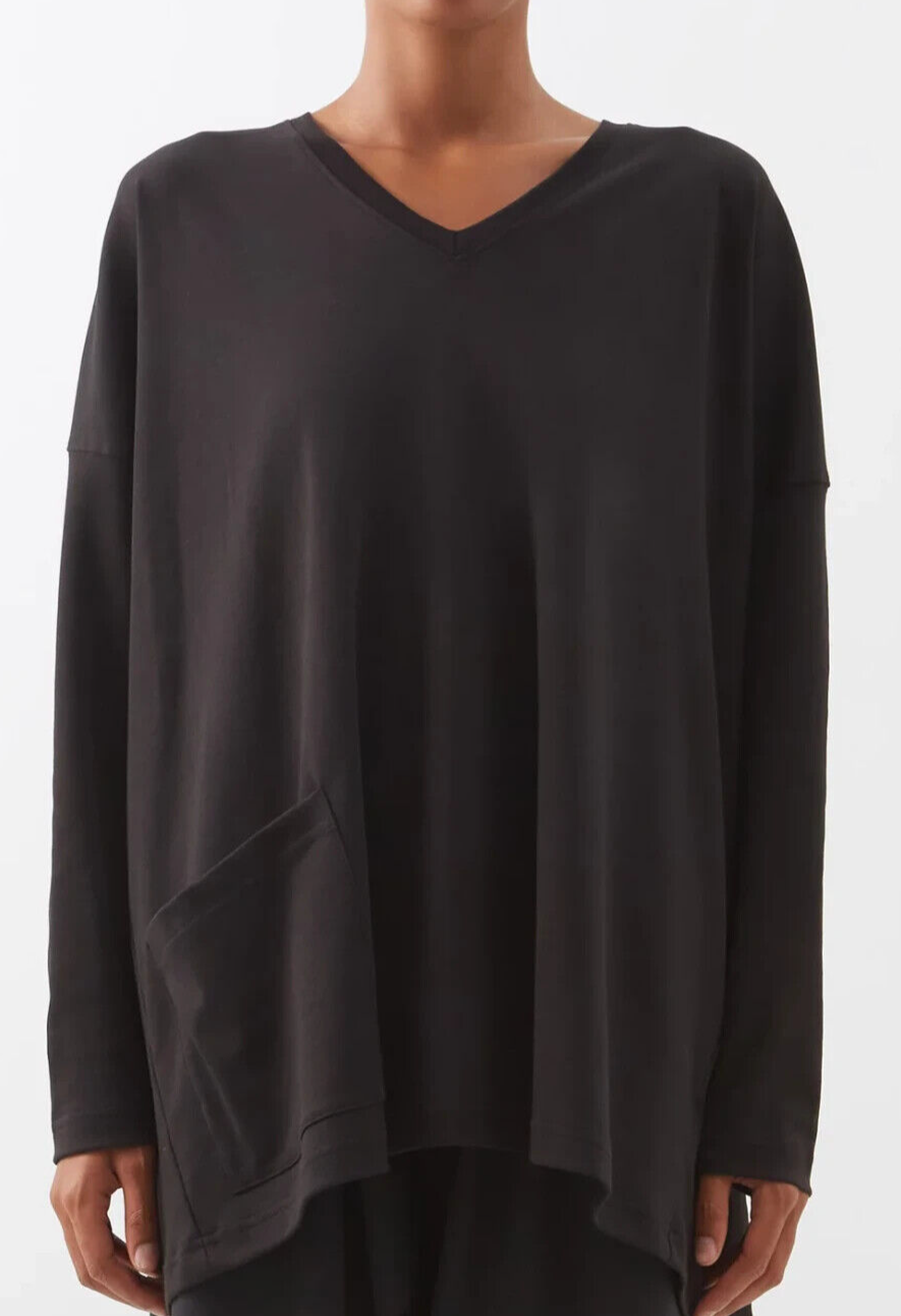 Pre-owned Eskandar Black V-neck Mid Weight Pima Cotton 32" Long Top W/pocket O/s