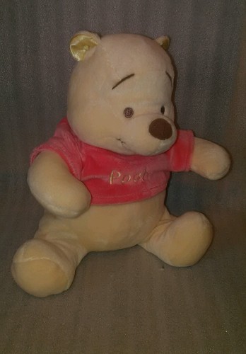 Disney Plush 8 in Sitting Winnie The Pooh Bear Pink Shirt Rattle stuffed Lovey