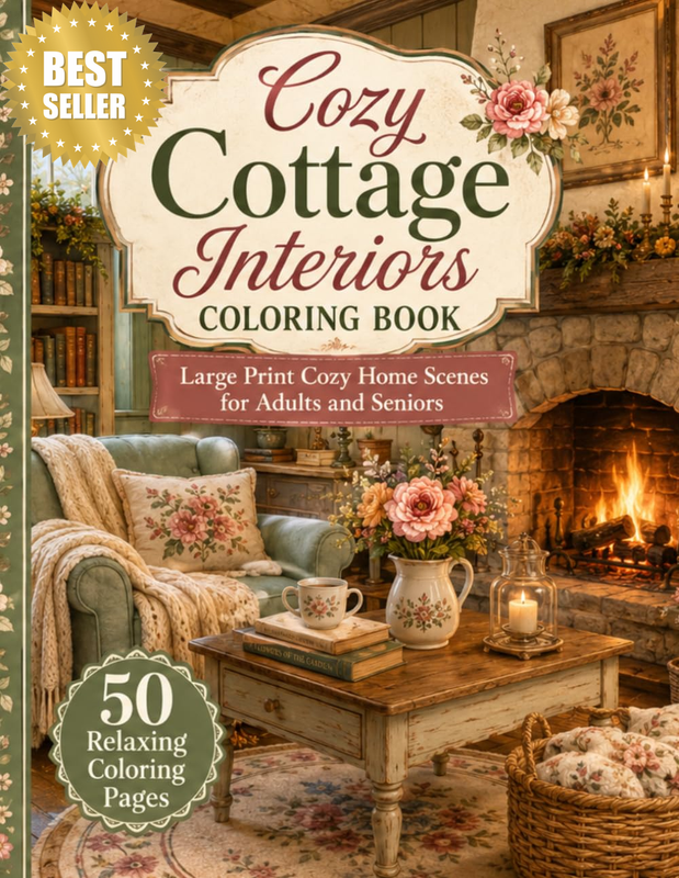 Cozy Cottage Interiors Coloring Book for Adults and Seniors: 50 Large Print Rela