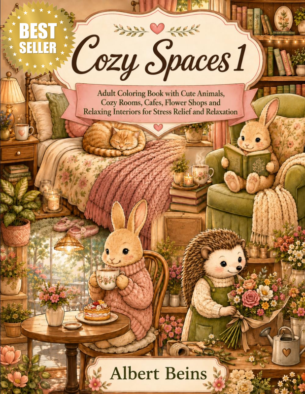 Cozy Spaces 1: Adult Coloring Book with Cute Animals, Cozy Rooms, Cafes, Flower