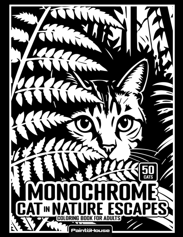 Monochrome Cat in Nature Escapes Coloring Book for Adults: 50 Reverse Black & Wh