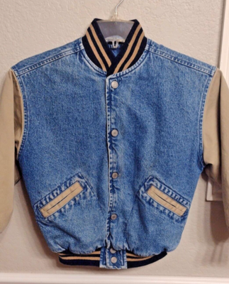 Vintage denim varsity jacket with khaki sleeves cheap