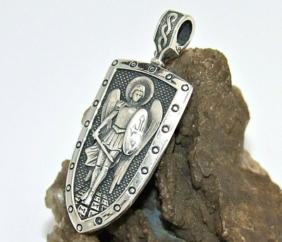 Hand Made in USA925 St.Silver Archangel St Michael Angel Pendant Icon Cyrillic