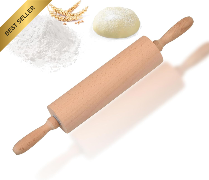 15-Inch Wooden Rolling Pin with Handles for Baking Pizza, Fondant, Crust, Cookie