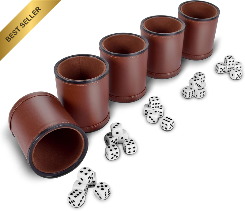 5Pcs Professional PU Leather Dice Cups Brown Velvet Lined with 25 Dice
