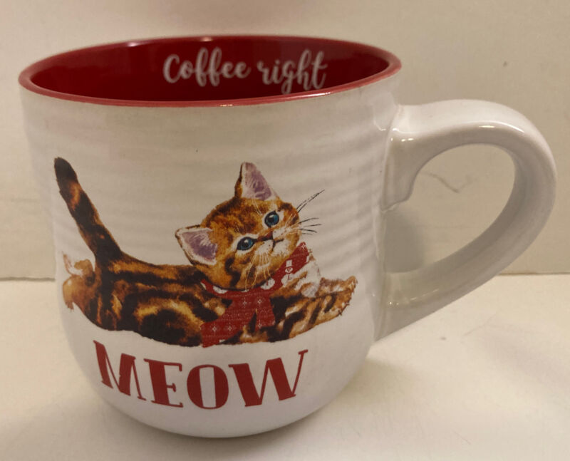 Belle Maison Cat "Meow" Coffee Right Kitten Tea White and Red CUTE CAT MUG